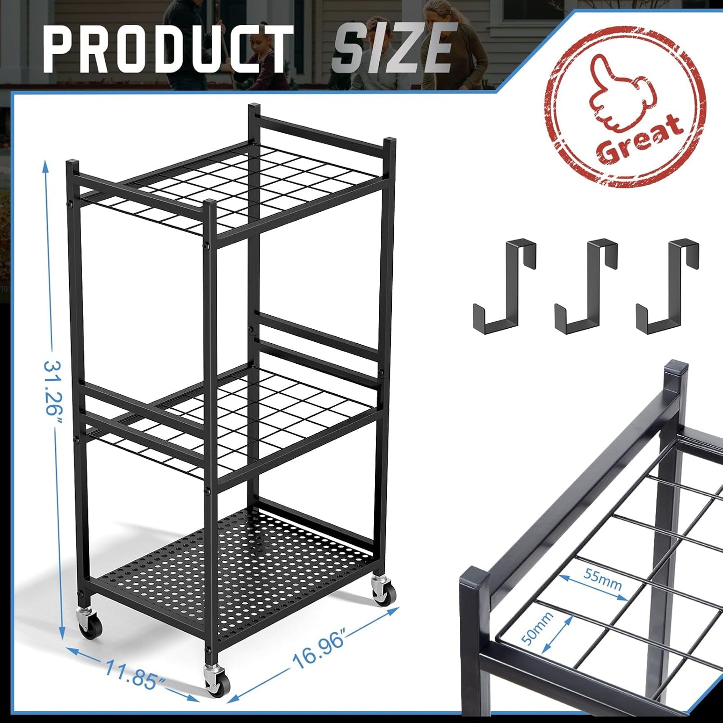 Garden Tool Organizer on Wheels - Sturdy Metal Rack for 35 Long-Handled Tools, 3 Hooks, Outdoor Storage, Black