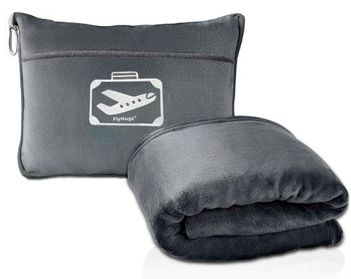 FlyHugz Grey Travel Blanket & Pillow Set (59.1"x47.2") with Carry Case, Luggage Sleeve & Clip – Portable, Lightweight, Breathable & Washable – Perfect for Plane, Car, Camping & Travel
