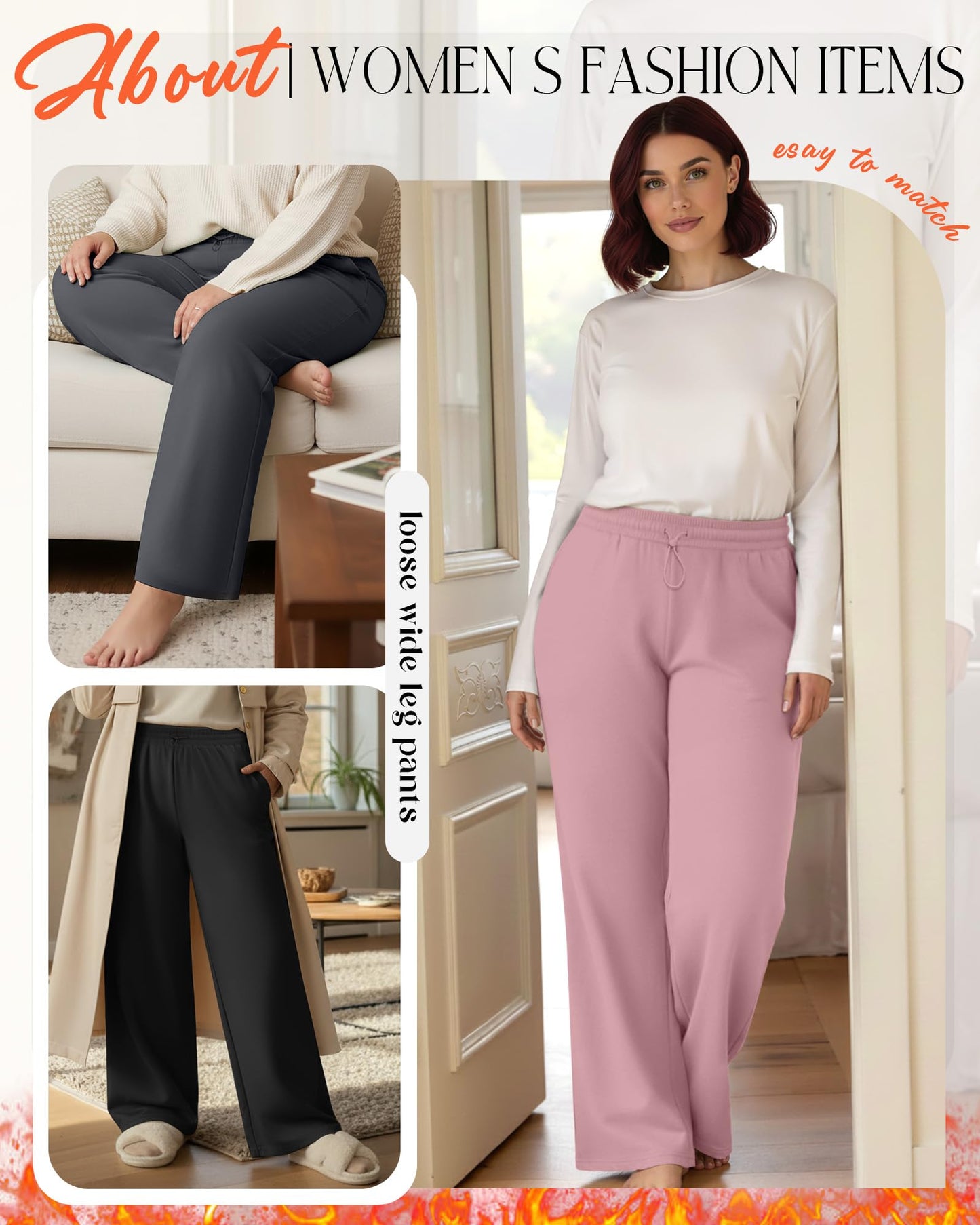 JoyMotion 3 Pack Women's Plus Size Fleece Lined Sweatpants Wide Leg Joggers Shock Cord High Waisted Thermal Pants with Pocket(Black, Dark Gray, Light Pink,3X-Large)