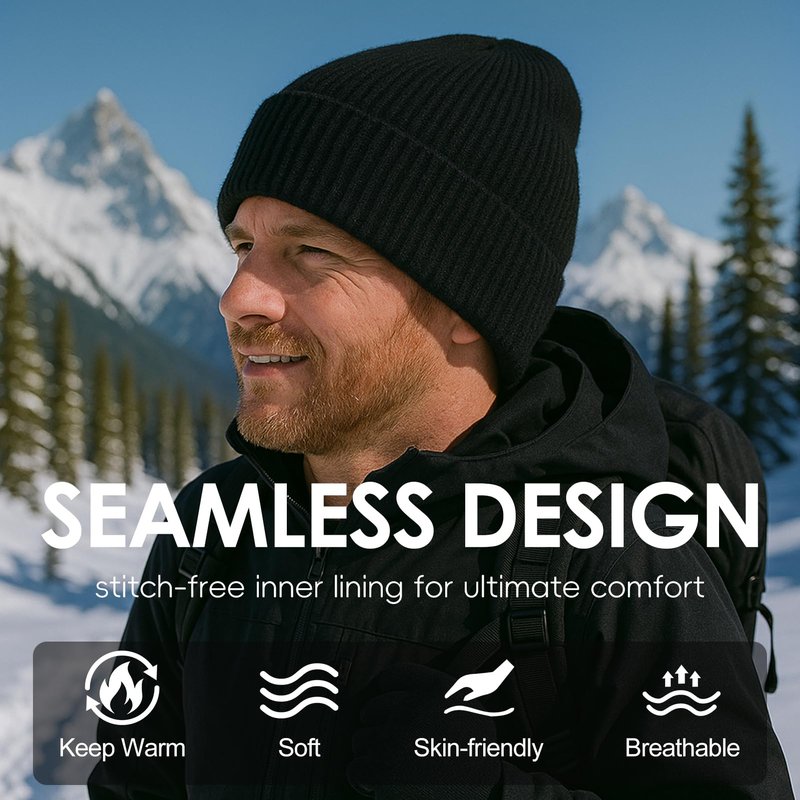 M/L/XL/XXL Merino Wool Beanie for Men, Plus Size Warm Knit Hat with Fold-Up Cuff, Soft Ski Skull Cap for Big Heads Black