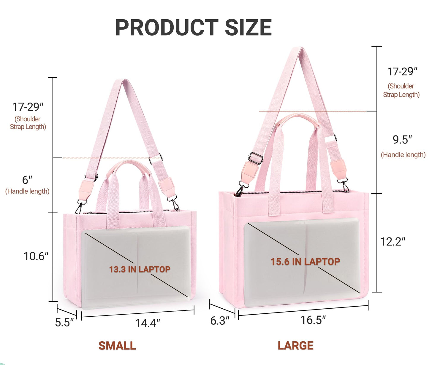 ZORFIN Canvas Tote Bag for Women with Zipper and Compartments Crossbody Work Laptop Bag for Travel College Office, Pink
