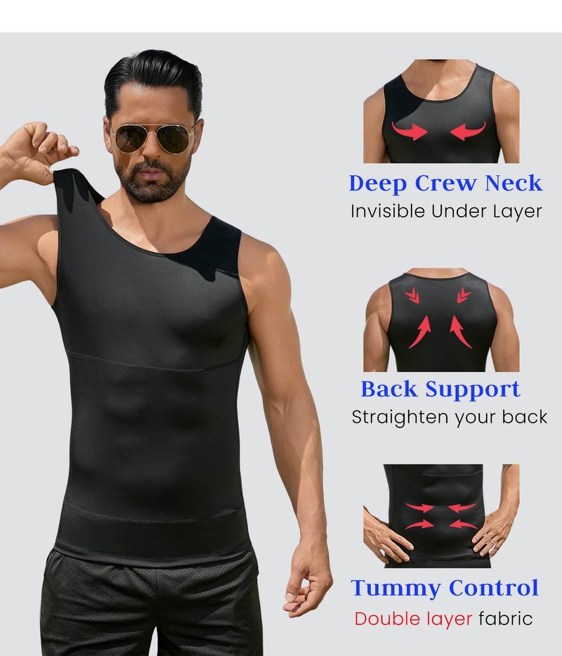 XINGCOOL Gynecomastia Compression Shirt Men Shapewear Tank Top Muscle Sleeveless Workout Shirts Tummy Control Undershirts for Men Solid Black