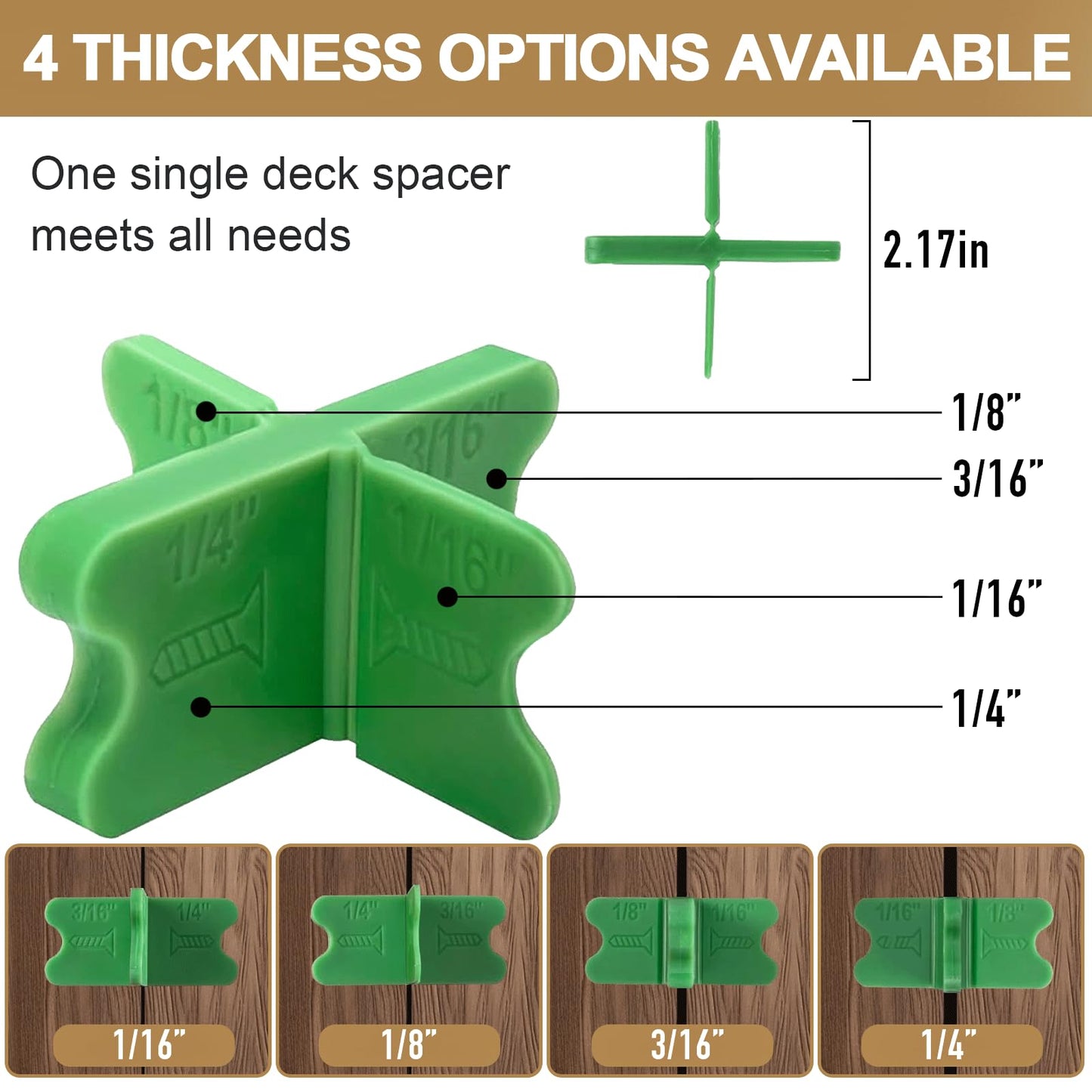 8 Pcs Deck Spacers Tool Set, 4 Thickness Options (1/16", 1/8", 3/16", 1/4") Deck Board Spacers for Composite Decking, Pressure Treated Lumber, PVC & Hardwood Boards (Green)