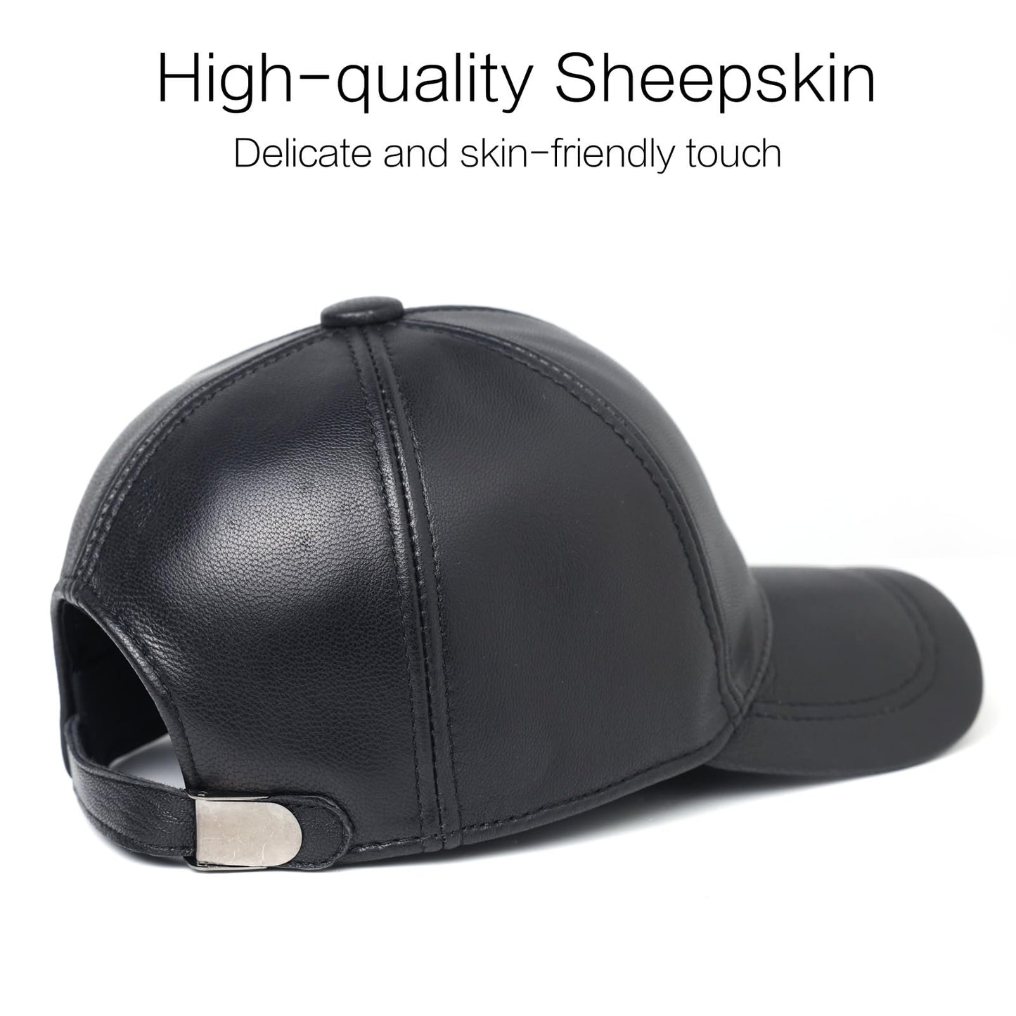 Genuine Goatskin Leather Baseball Cap – Adjustable Real Leather Hat for Men, Classic Outdoor Sports Style for Fall Winter Black