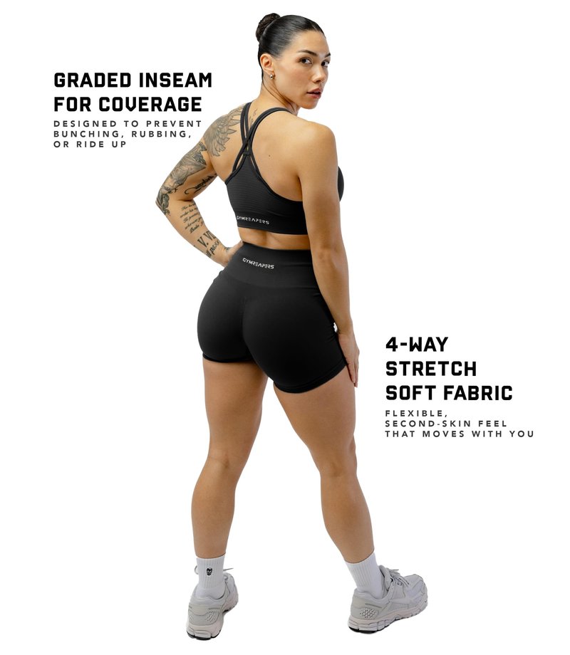 Gymreapers Athletic Seamless Shorts for Women - Squat Proof High Waisted Glute Scrunch, Quick Drying Biker, Yoga Running Gym (Medium, Black)