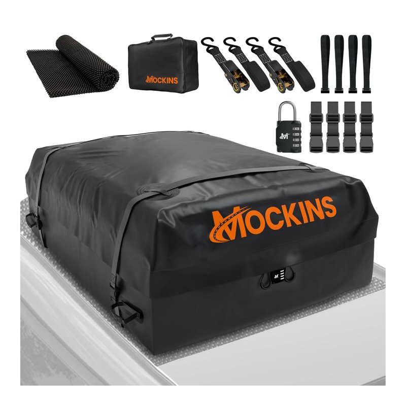 Mockins 25 CuFt Waterproof Rooftop Cargo Carrier Bag | 60"x43"x17" All-Weather 500D Soft-Shell Vinyl Car Top Carrier Without Roof Rack | Vehicle Soft-Shell Carriers with Roof Mat, Lock, Hooks & Straps