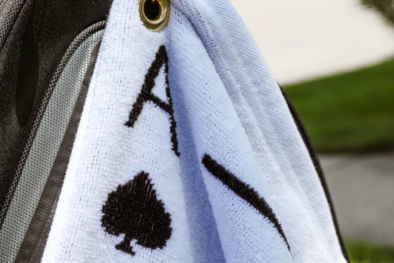 Player Supreme Golf Poker Ace of Spades Golf Towel. Cotton Sports Towel with Metal Bag Clip. White & Black Reversible Large (16" x 24")