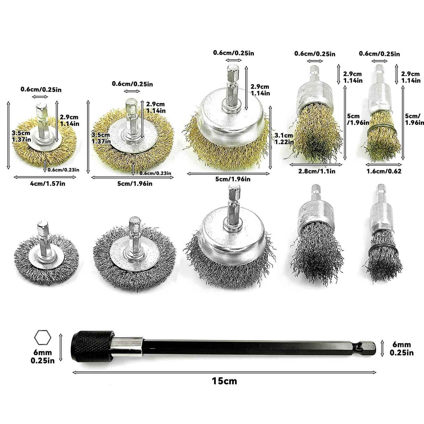 Daily Treasures 10 Pack Wire Wheel Cup Brush Set for Drill Abrasive with 1/4" Hex Shank,Extension Rod for Safty,Brass Coated Crimped Drill Sanding Attachment，Metal Brush for Drill Rust Removal
