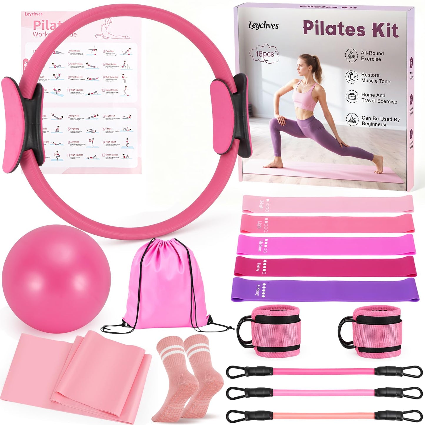 Pilates Essentials Kit for 5.2-5.7 FT Women, 14'' Magic Circle Home Pilates Equipment Ring and Ball Set, 5 Resistance Bands Workout Guide for Balanced Resistance Full-Body Workout Set for Beginners