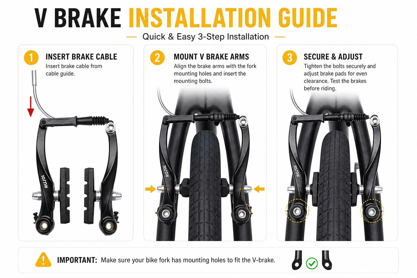 RUJOI Bike V-Brake Set, Aluminum Alloy 110 mm Arms, Front & Rear Calipers with 4 V-Brake Pads and Mounting Bolts, Universal Fit for MTB/BMX/Road, Black