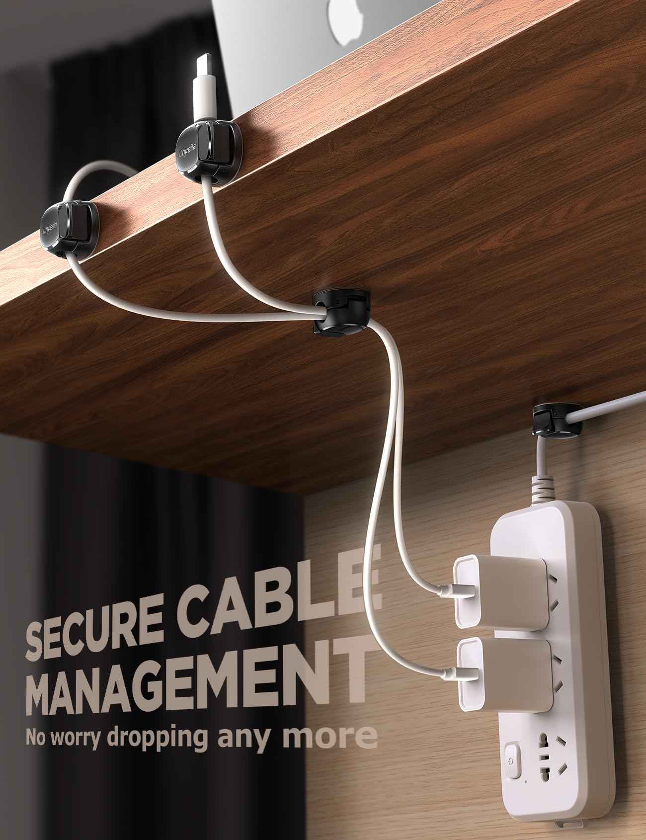 12Pack Cord Organizer [Dual Spring & Clasp, Max Secure] Cable Clips - Chfeila Cord Holder, Desk Cable Management, Adhesive Phone Charging Wire Holder for Nightstand/Car/Wall, Office Accessory - Black