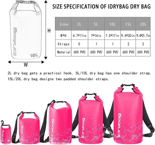 IDRYBAG Waterproof Dry Bag for Kayaking - Lightweight & Durable, Available in 2L/5L/10L/15L/20L Sizes