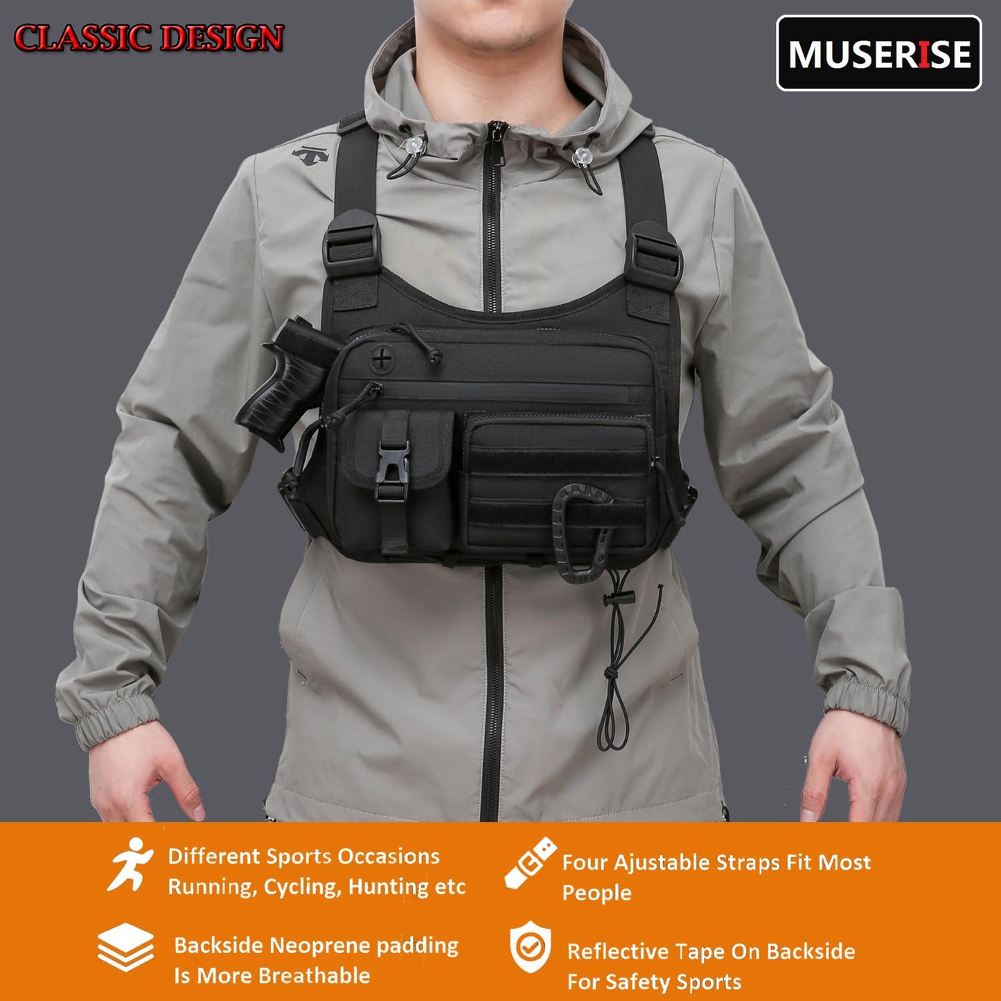 Muserise Tactical Chest Pack for Men Women, Outdoor Running Vest, EDC Chest Rig Bag for Cycling, Sports and Workouts