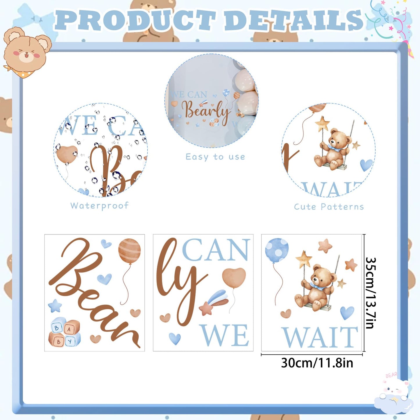Wxiben Bearly Wait Wall Decal - Bear Sign Welcome Baby Shower Decorations, Removable Sticker for Balloon Arch Backdrop Decor, Gender Reveal Pregnancy Party Supplies