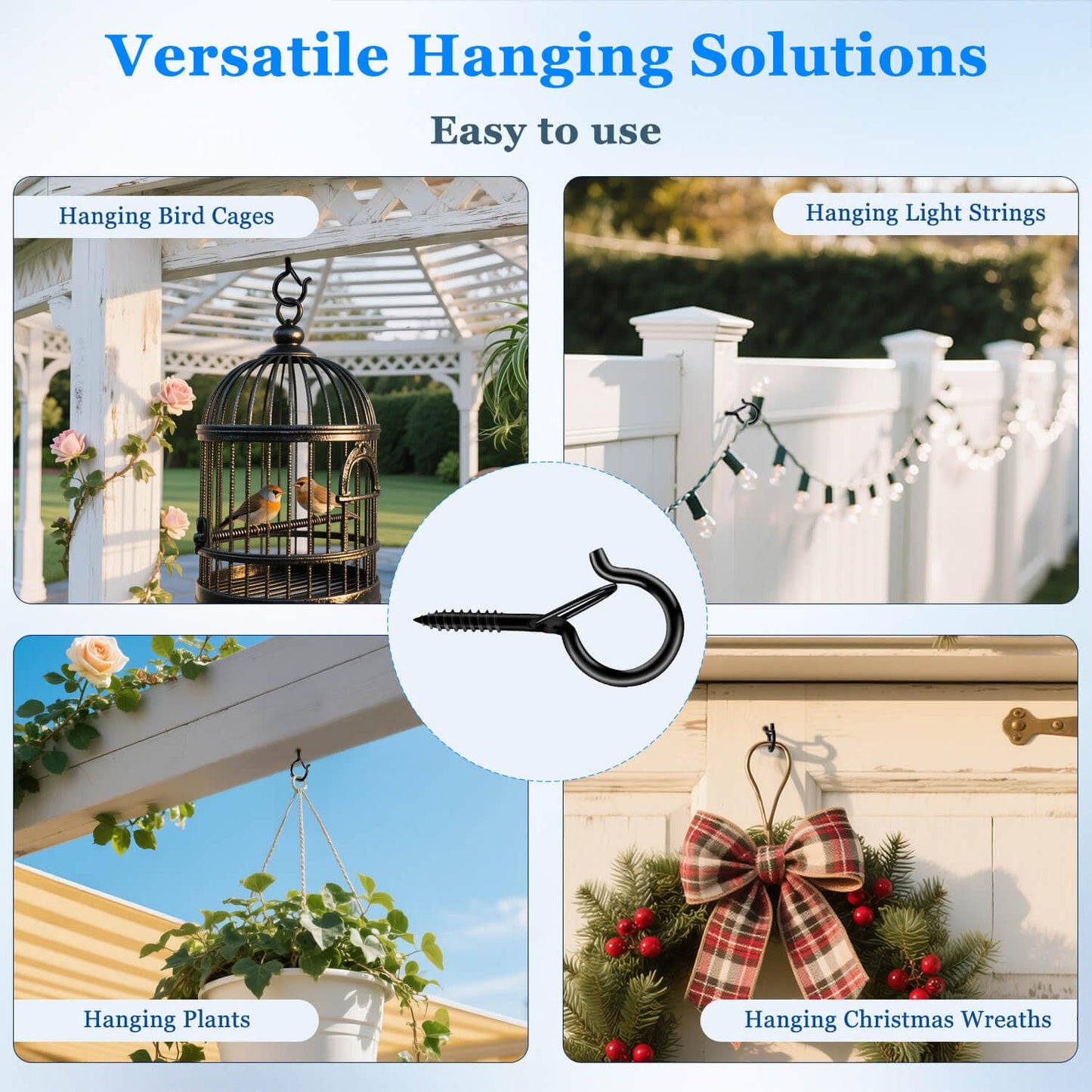 KULOLO 36 Pack Black Screw Hooks with Safety Buckle - 2.3 Inch Rustproof Eye Ceiling Hooks for Hanging Plants,Outdoor String Lights,Baskets,Christmas Lights & Decor,40lb Capacity (36, Black)