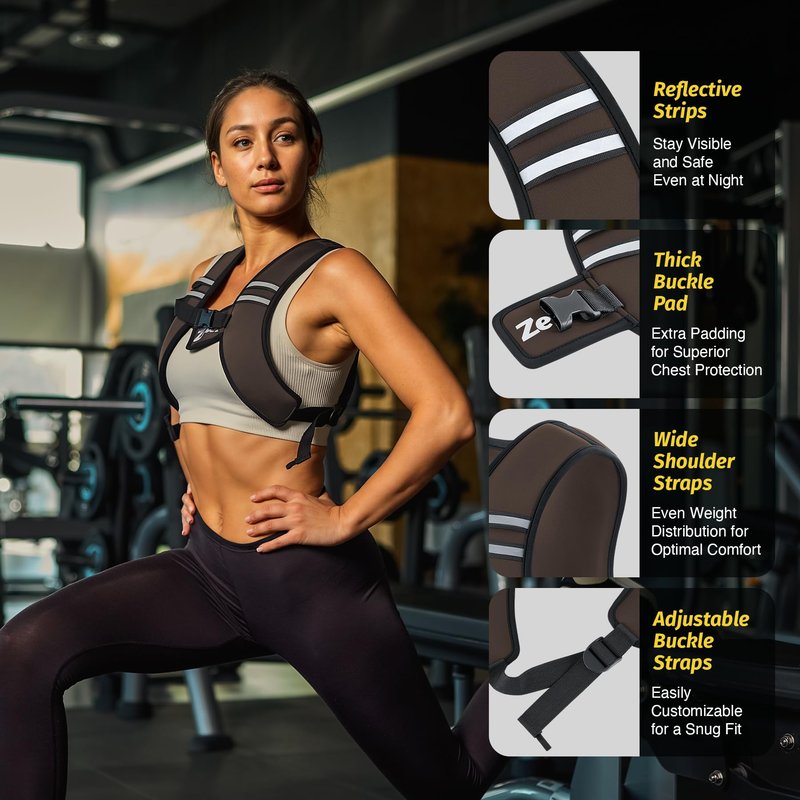 ZELUS Weighted Vest, Washable Z-Fit Soft Iron Weighted Vest for Women and Men, 5/10/15 lb Weight Vest with Reflective Strips & Adjustable Straps, Ultra Thin Weight Vest for Gym Strength Training (10lb) Brown