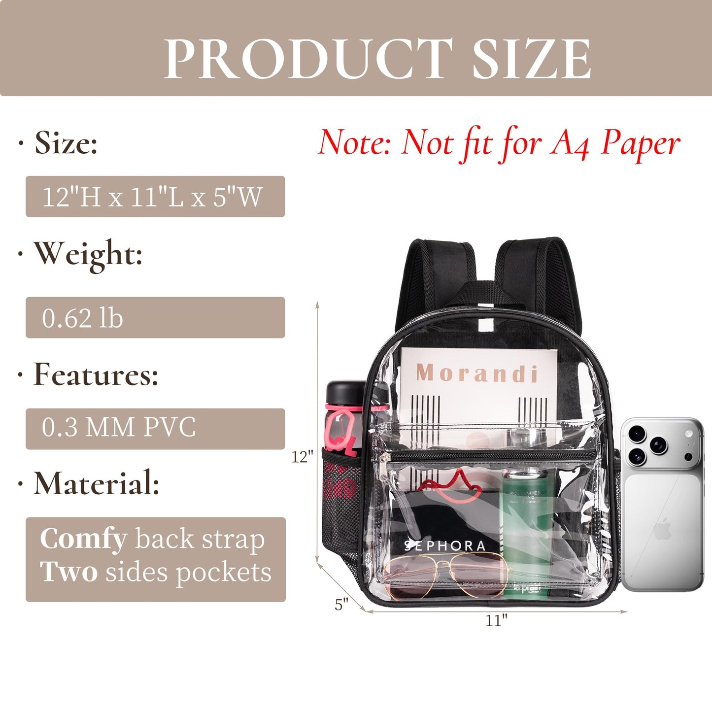 ZENPUNK Clear Backpack Stadium Approved 12×12×6, Small Size See Through Bag, PVC Transparent Backpack for Festival Sport Event Concerts (BLK)