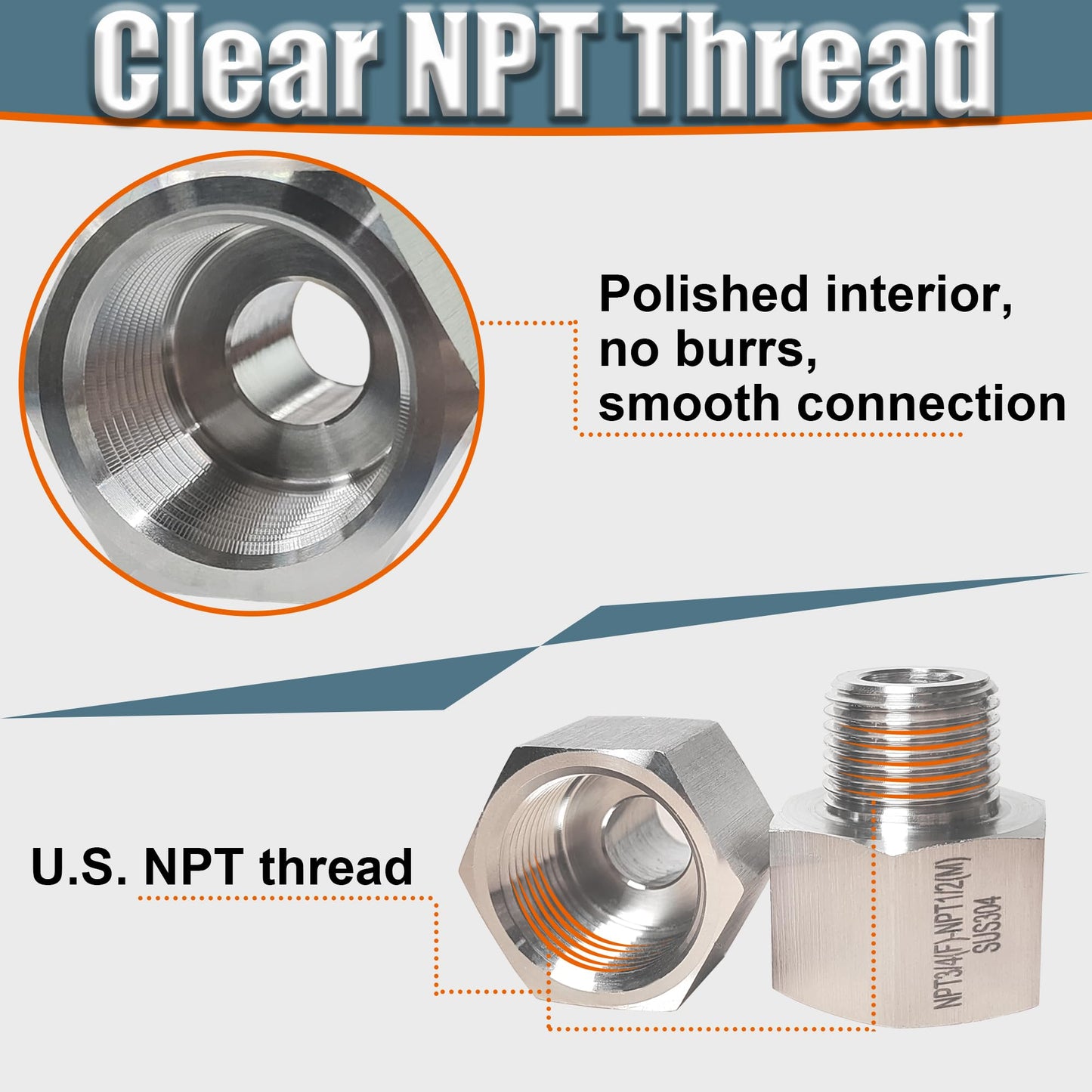 3/8" Female to 1/4" Male NPT Reducer Adapter, 304 Stainless Steel Reducing Pipe Fittings Adapter, 1/4" MNPT X 3/8" FNPT Reducer Pipe Extension Connector