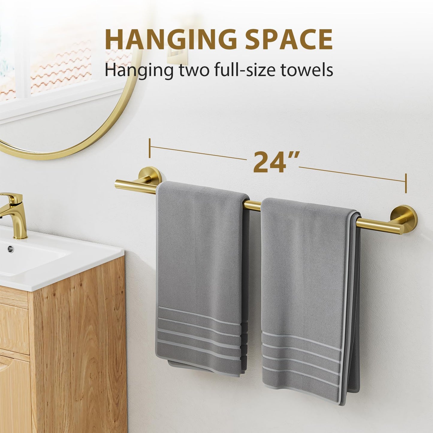 Luxbaro Brushed Gold Towel Bar 24 Inch (Total Length 26-Inch), Thicken Towel Rack for Bathroom Wall, SUS304 Stainless Steel Towel Rod, Modern Home Decor