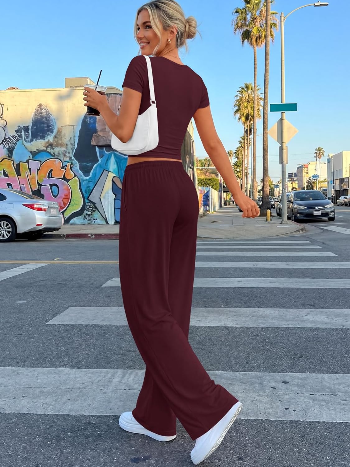 Trendy Queen 2 Piece Summer Sweatsuit - Women's Side Ruching Top & Wide Leg Pants Set with Pockets