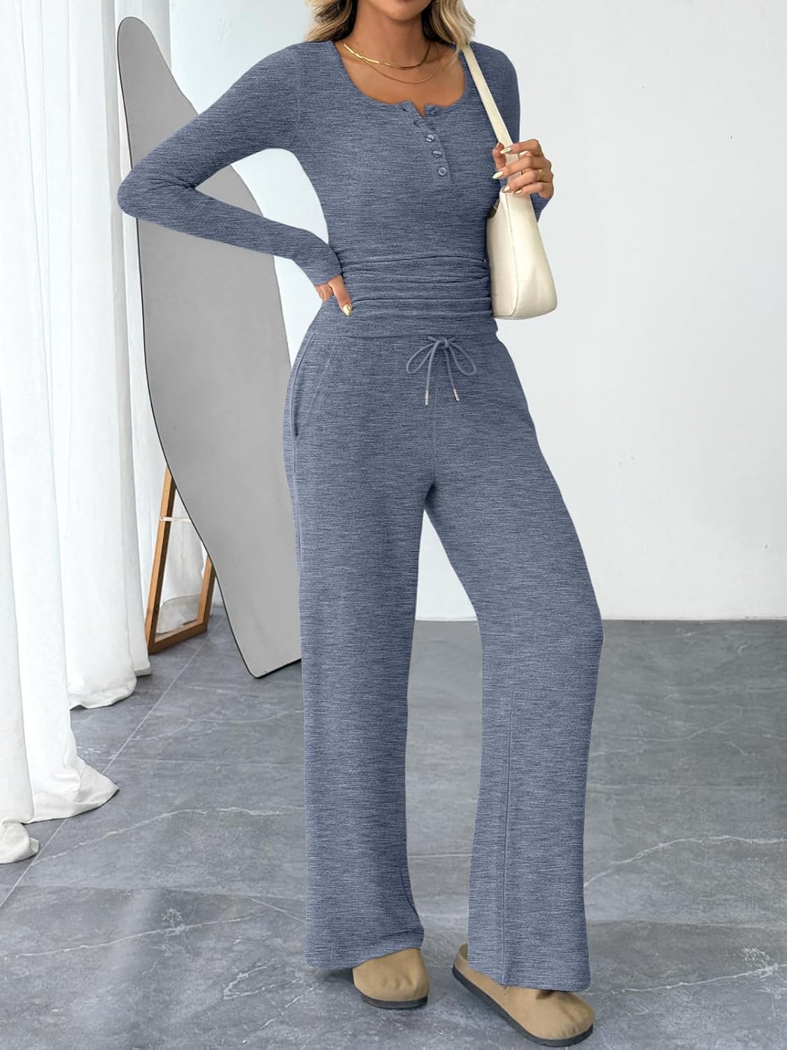 Trendy Queen 2-Piece Women's Lounge Set - Cozy Henley Neck Sweater & Wide Leg Pants