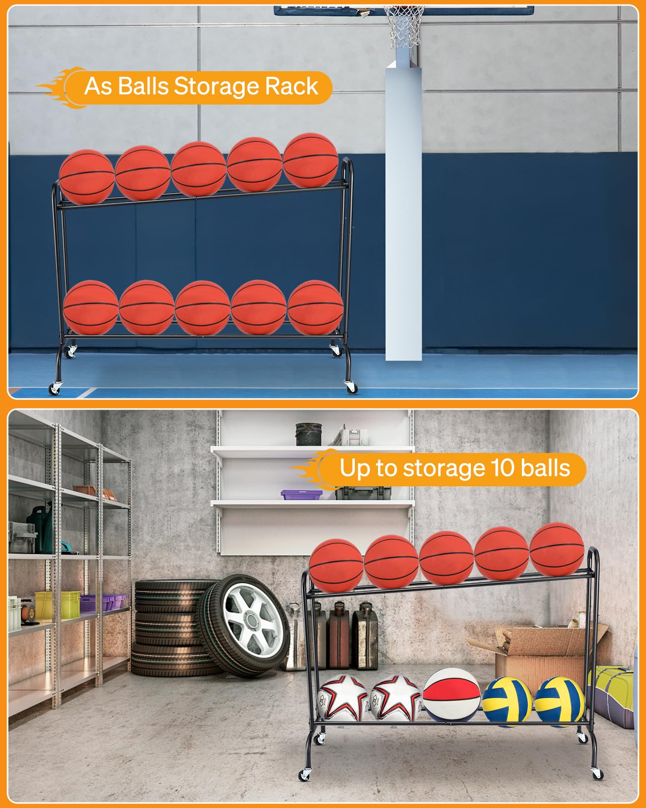 EXTCCT Basketball Rack Ball Stand Holder Tilt Ball Training Equipment Shooting Rolling Storage Cart with Wheels Sports Outdoor Volleyball Soccer Football Garage Organizer Basketball Accessories