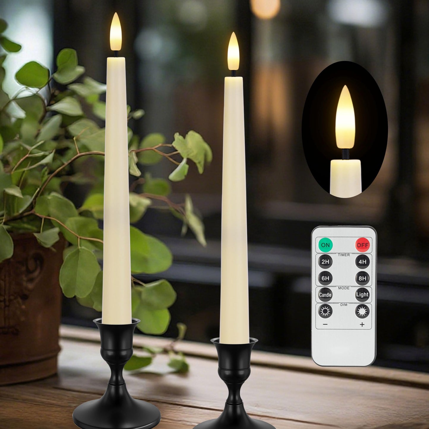 AFINETH Flameless Taper Candles with Remote, Flickering Battery Operated Candles, Ivory 9.6" Led Flameless Candlesticks for Home Party Weeding Festival Decor, 2 Pack