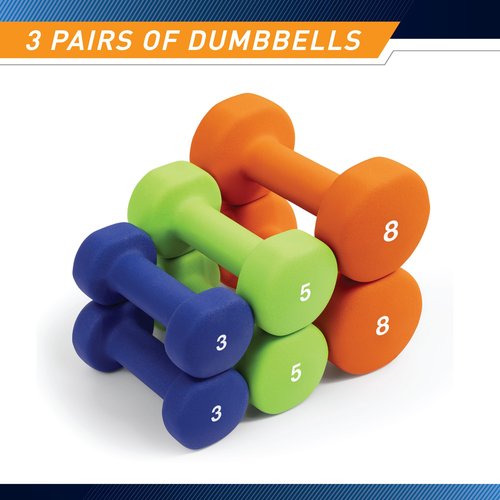 Marcy 3-Pair Neoprene Coated Cast Iron Dumbbell Set with Rack (3 lbs, 5 lbs, 8 lbs - Total 32 lbs) - Hand Weights for Home Exercise, Yoga, Fitness Training NDS-32B