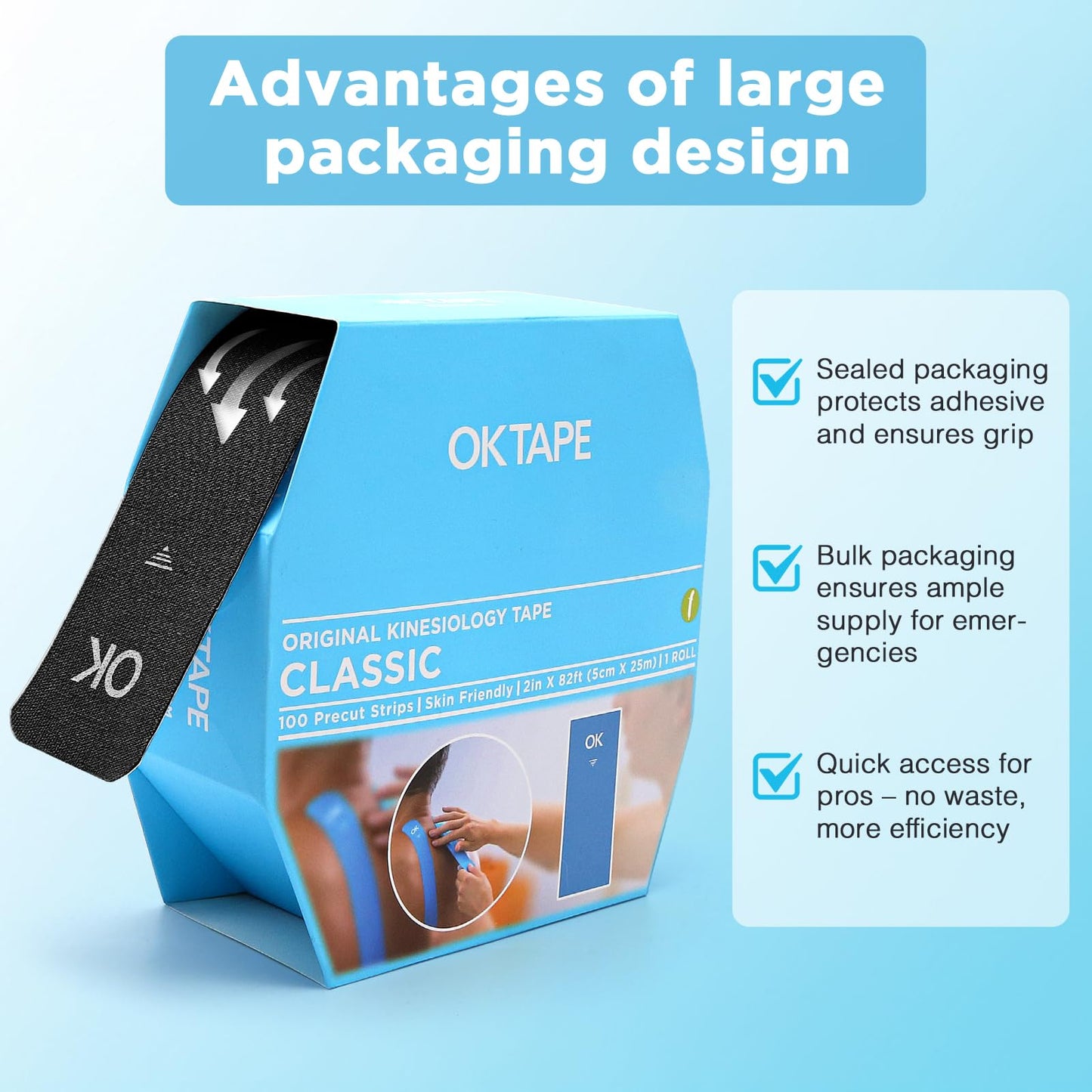 OK TAPE Kinesiology Tape Pre Cut Strips Bulk (100 PCS),Elastic Cotton Latex Free Hypoallergenic Athletic Tape Roll for Muscle Joint Knee,Waterproof 2in×10in/PCS