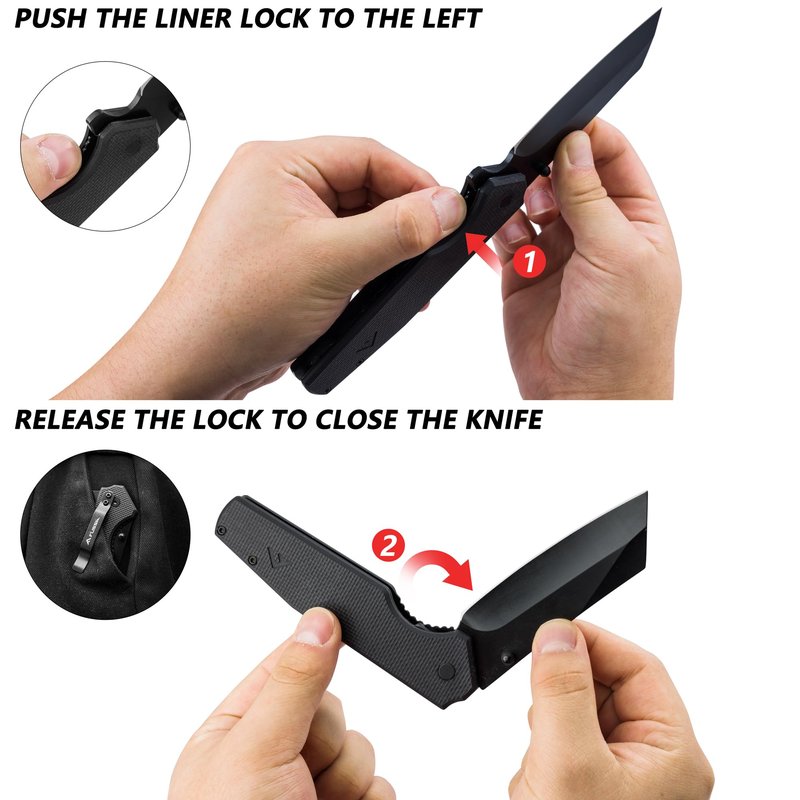 FLISSA Folding Knife, 4-3/4" Reverse Tanto Folding Pocket Knife, Black Stonewash Blade, G10 Handle, for Hunting, Survival, Camping and Outdoor Activities, Perfect for Dad, Husband, Friend