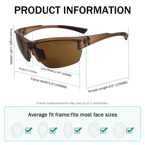 Eyekepper TR90 Sports Half-Rimless Bifocal Sunglasses Baseball Running Fishing Driving Golf Softball Hiking Readers (Matte Brown, 1.50)