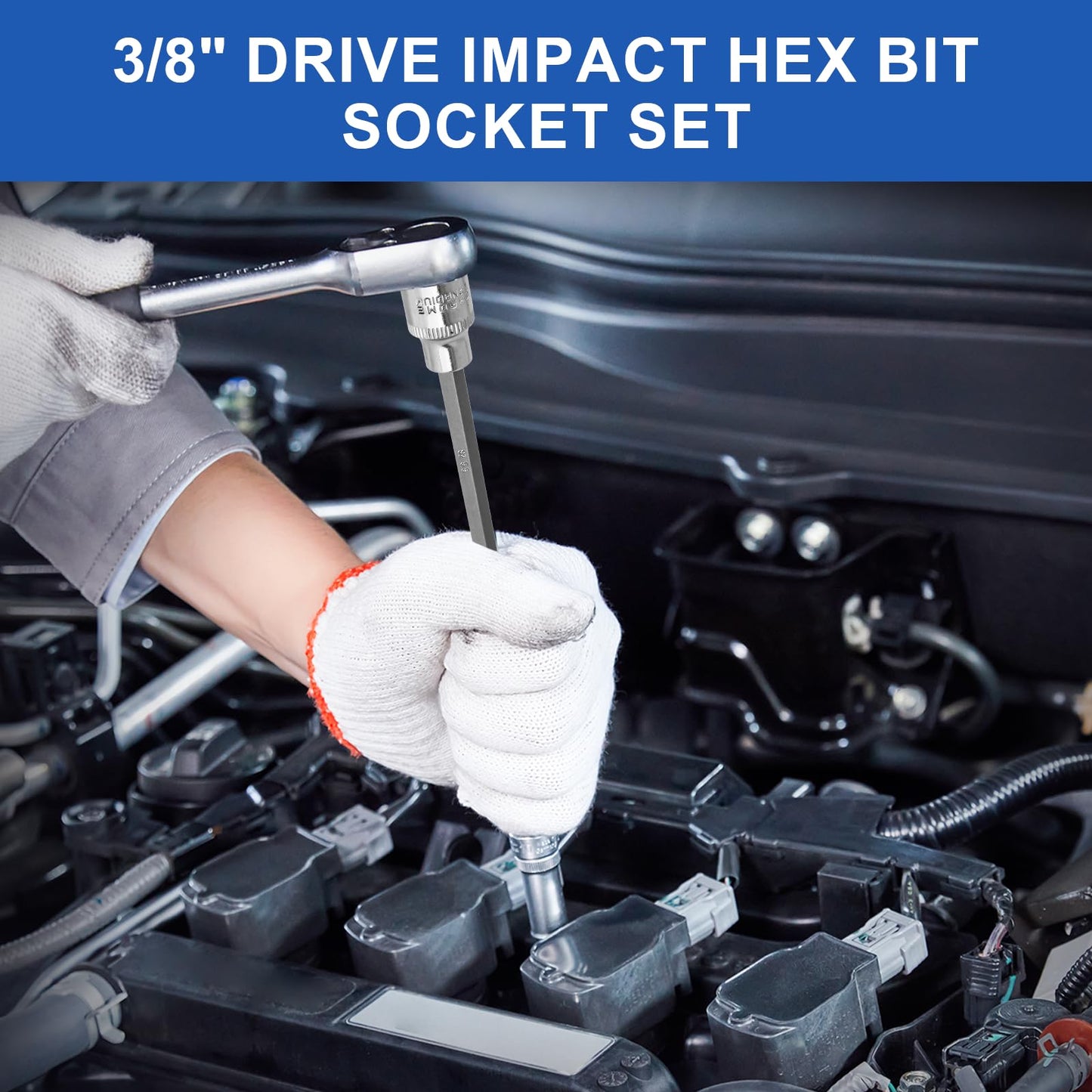 Feikenee 20PCS Extra-Long Allen Hex Bit Socket Set, 3/8 Inch Drive Allen Socket Set, SAE & Metric(1/8"-7/16", 3-12mm), CR-V and S2 Alloy Steel