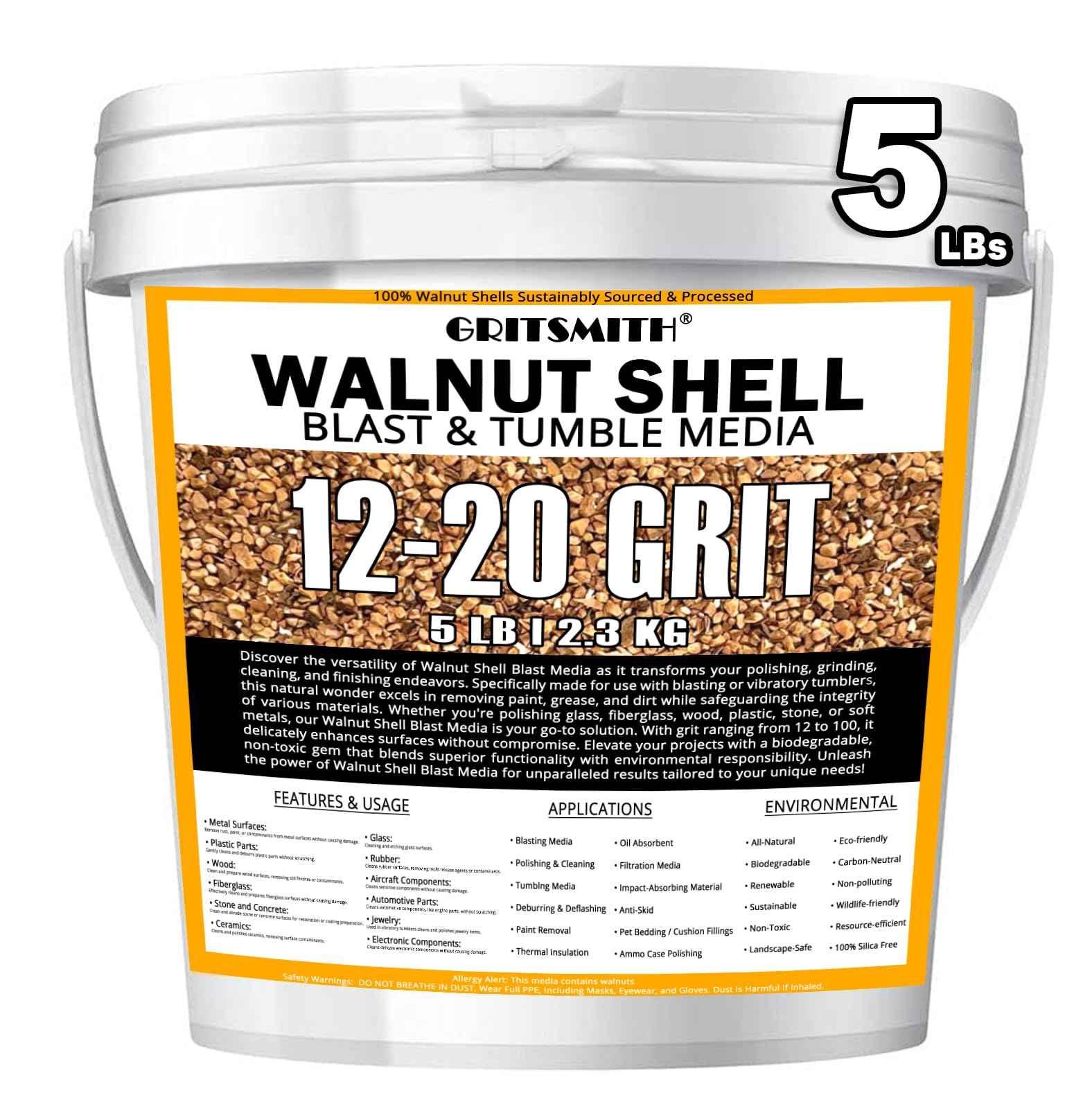 GRITSMITH 12-20 Grit Ground Walnut Shell Media (5 LBS / 2.3 KG) - Medium Grit for Tumbling, Blasting, Vibratory, Polishing, Deburring, Anti-Skid, Fillers