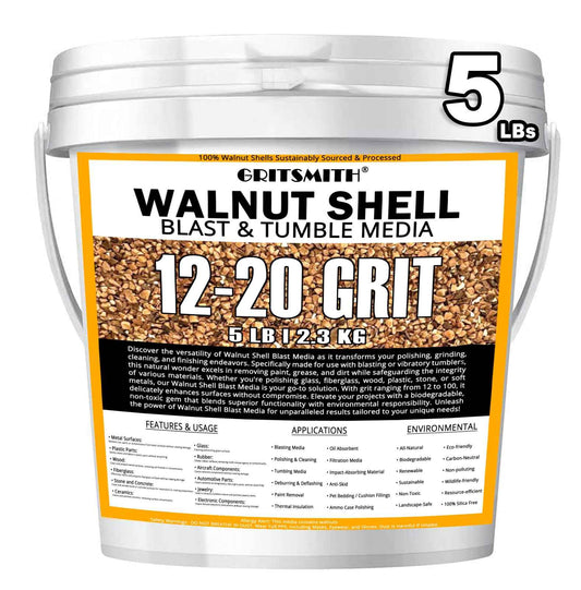 GRITSMITH 12-20 Grit Ground Walnut Shell Media (5 LBS / 2.3 KG) - Medium Grit for Tumbling, Blasting, Vibratory, Polishing, Deburring, Anti-Skid, Fillers