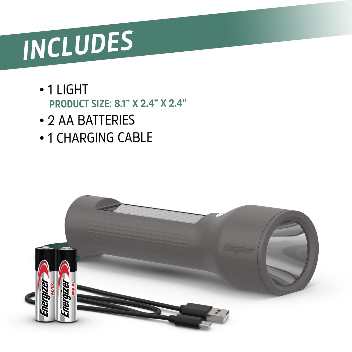 Energizer S-600 Hybrid Power LED Flashlight, Solar, Rechargeable, or AA Battery Powered, IPX4 Water Resistant Bright Flashlight