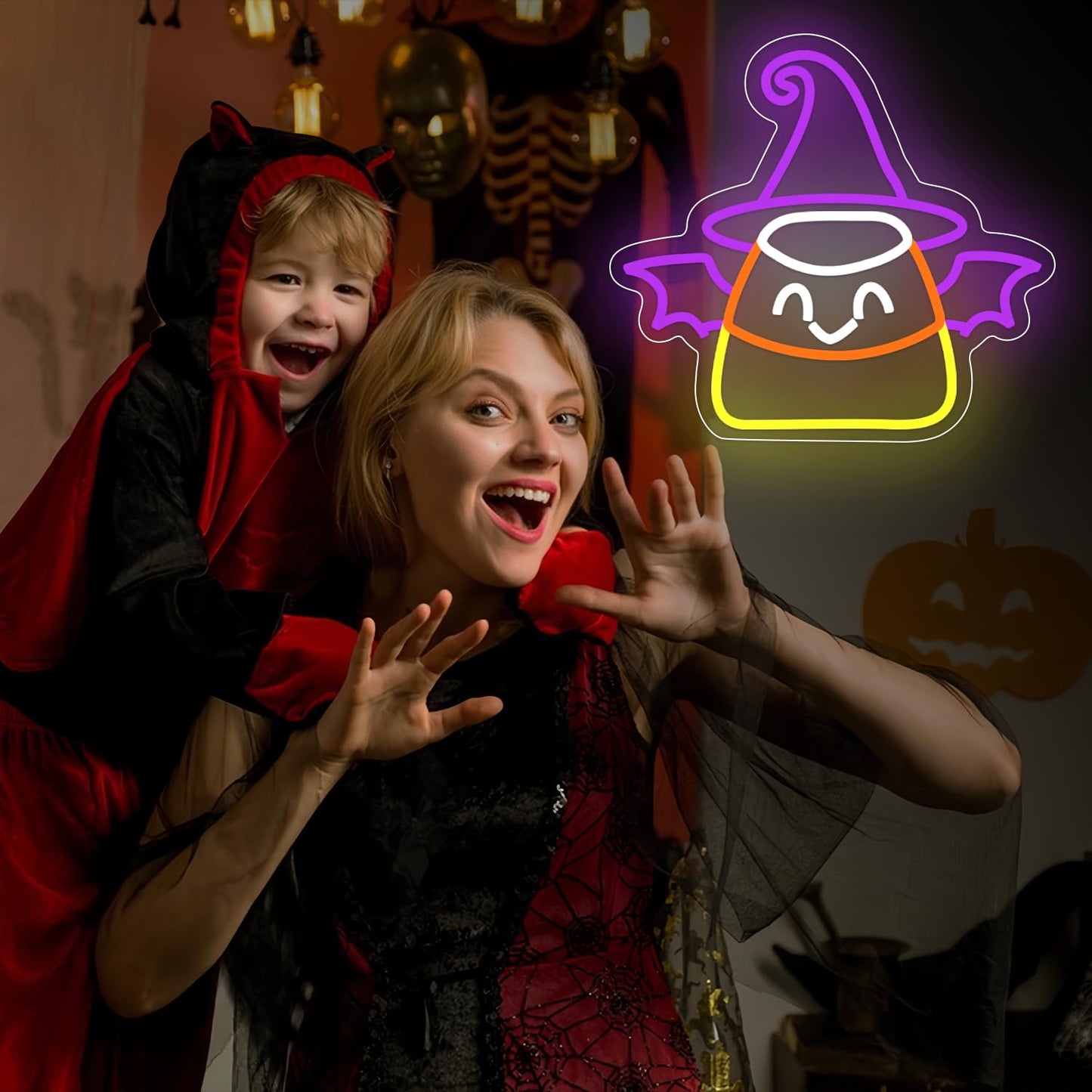 Halloween Neon Sign for Wall Decor Bat Led Sign Dimmable Candy Corn Neon Sign Witch Neon Light Up Sign Halloween Bedroom Kids Room Bar Horror Man Cave Game Room
