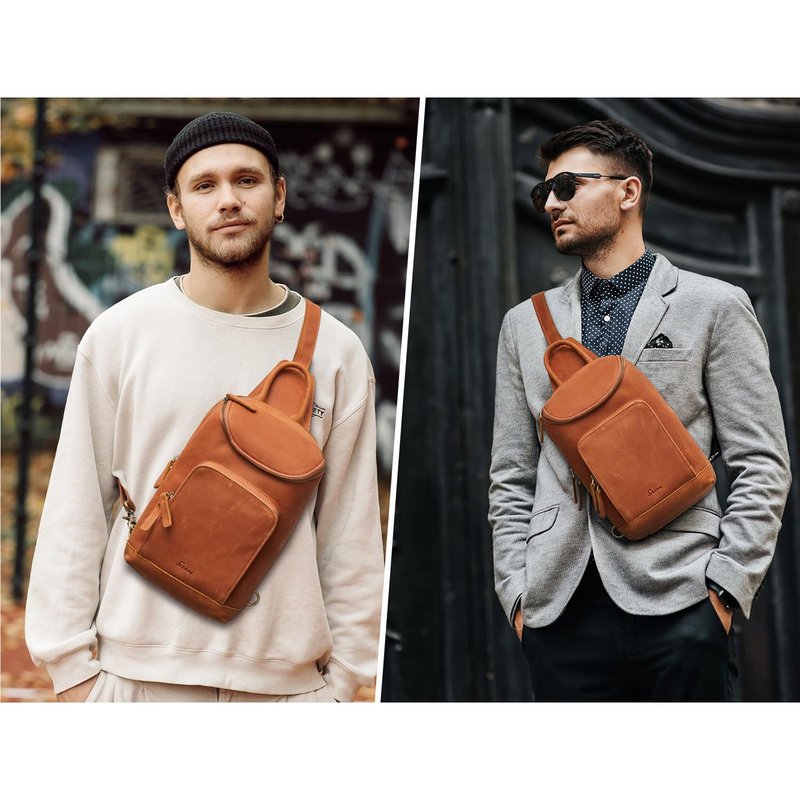 S-ZONE Sling Bag for Women Men Genuine Leather Vintage Crossbody Chest Bags Backpack Daypack Outdoor Travel