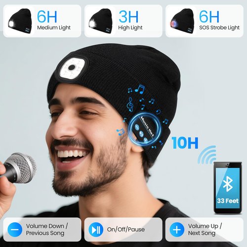 LED Beanie with Light, Unisex Rechargeable Flashlight Beanie Hat with Wireless Headphones, Unique Christmas Birthday Gifts for Men Women Black