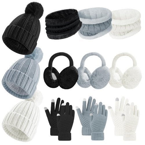 12 Pcs Women’s Winter Set– Beanie Hat Neck Warmer Touchscreen Gloves Earmuffs, Warm & Comfort Cold Weather Gifts for Women