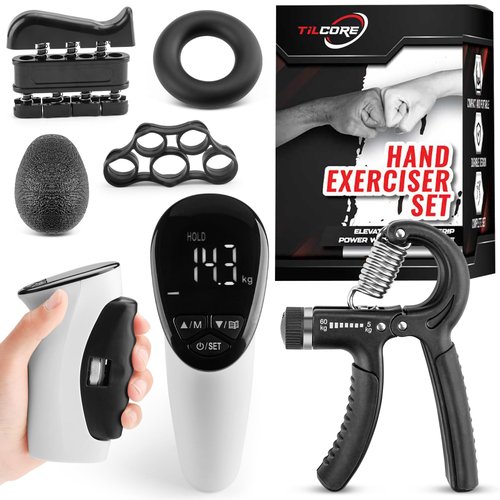 Grip Strength Tester & Trainer by Tilcore - Rechargeable Hand Grip Dynamometer with Hand Grip Strengtheners, Hand Grip Exerciser, Resistance Band, Finger Press, Grip Ball, & Ring Grip For Men & Women