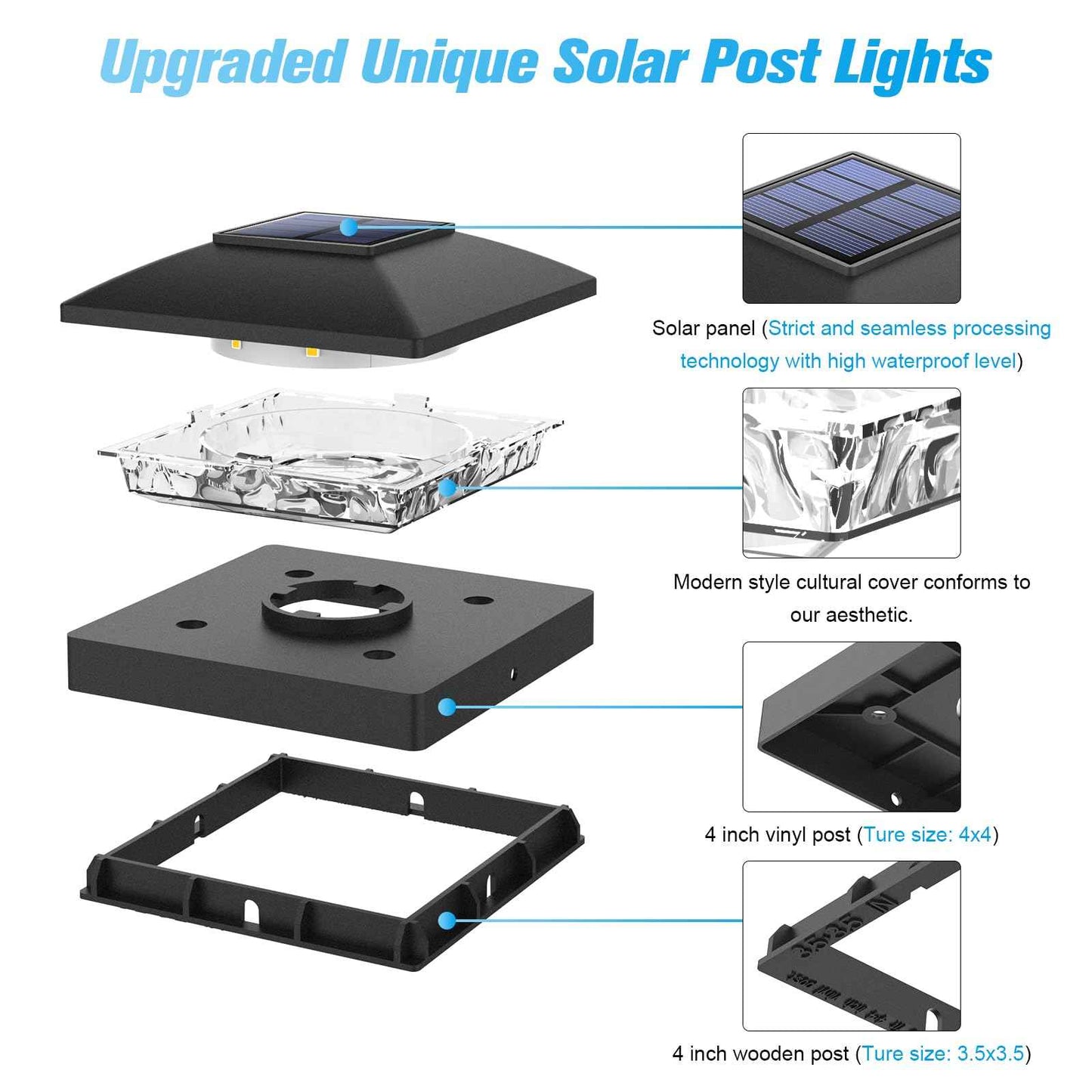 VOLISUN 4x4 Solar Post Cap Light 12pack,Solar Fence - Cap Lights Outdoor Waterproof for Wooden/Vinyl Post,Black Deck Post Cap Light Solar Powered with Warm White for Garden/Patio/Porch