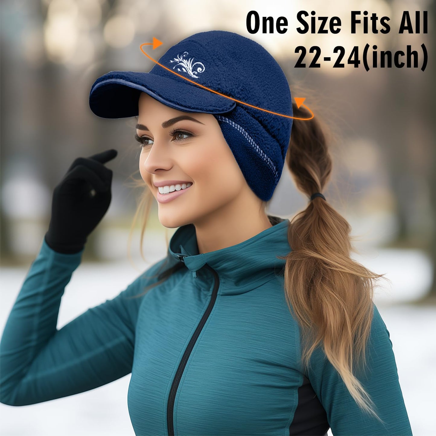 EZPACE Fleece Ponytail Hat for Women with 3M Thinsulate Ear Warmer Running Gear Winter Cold Weather Navy