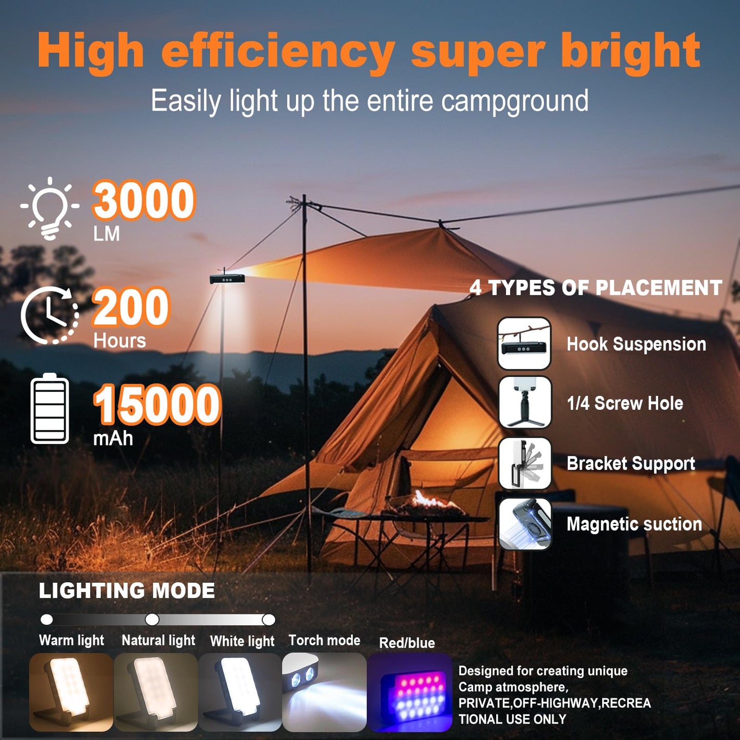 Portable Camping Lights 15000mAh Camping Lantern Rechargeable,3000LM Tent Light & Magnetic Base with 6 Modes,IP66 Waterproof Emergency Light Up to 200 Hours for Outdoor, Workplace, Emergency and Home