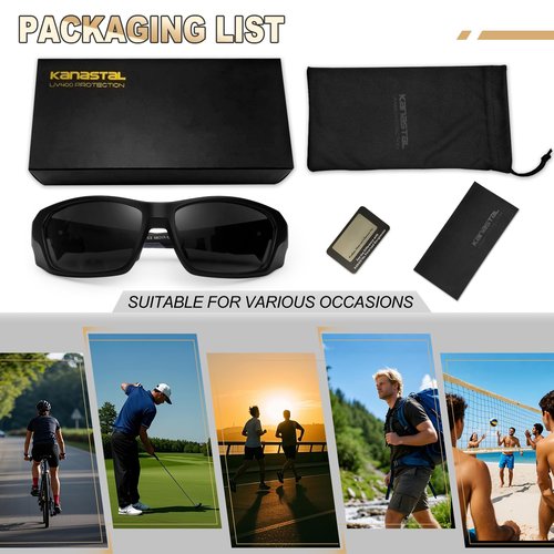 KANASTAL Wrap Around Polarized Sunglasses Men Women UV400 Sports Sun Glasses Fashion Square Sun Shades Black