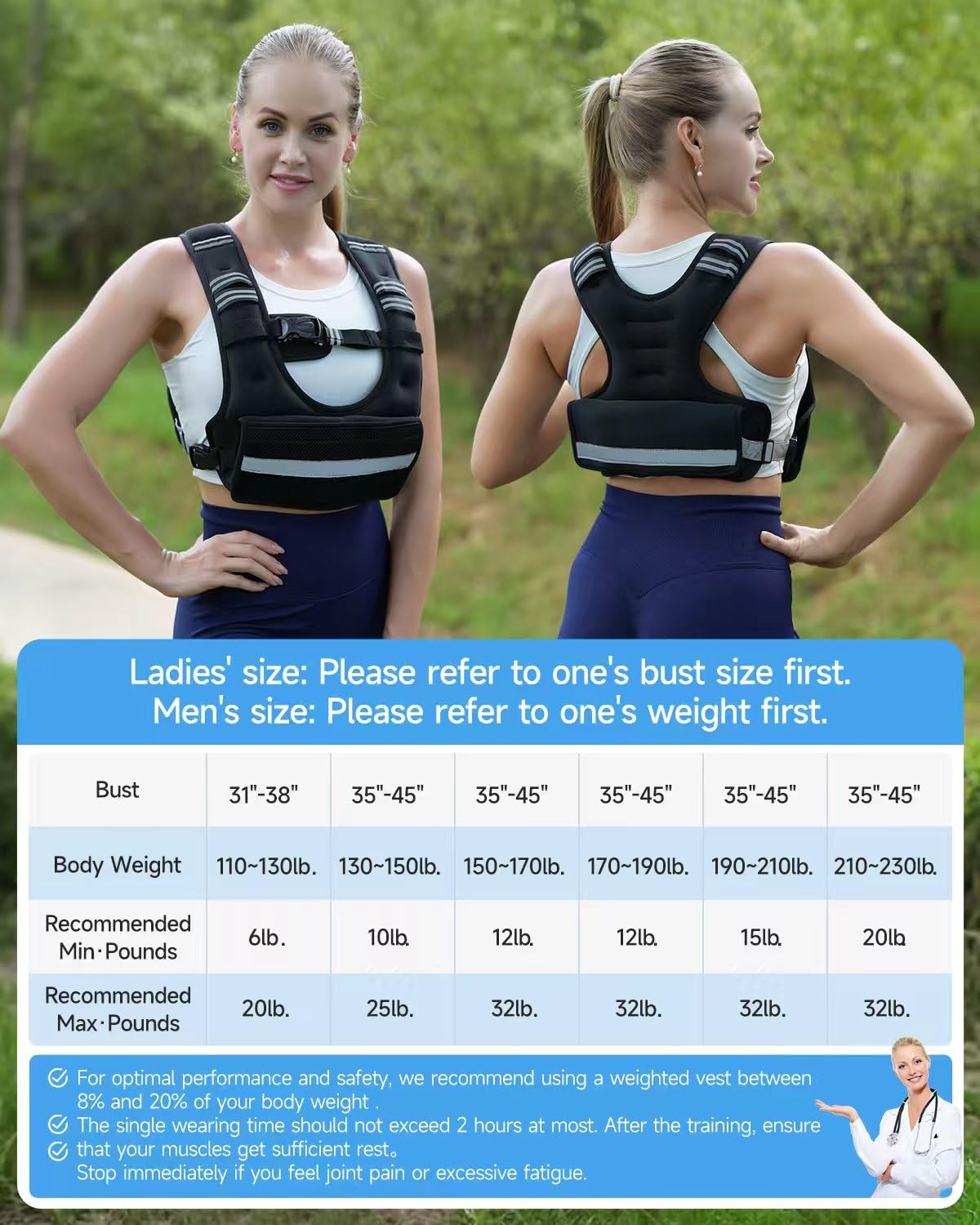 TAEVNO Adjustable Weighted Vest for Women Men,12-20lb Comfort Fit - U-Shaped Ergonomic Weight Vest with 6 Removable Iron Sandbags, Large Front Mesh Pocket & Reflective Strips, Ideal for Running, Walking, Strength Training, HIIT, Cardio Workouts (Black)