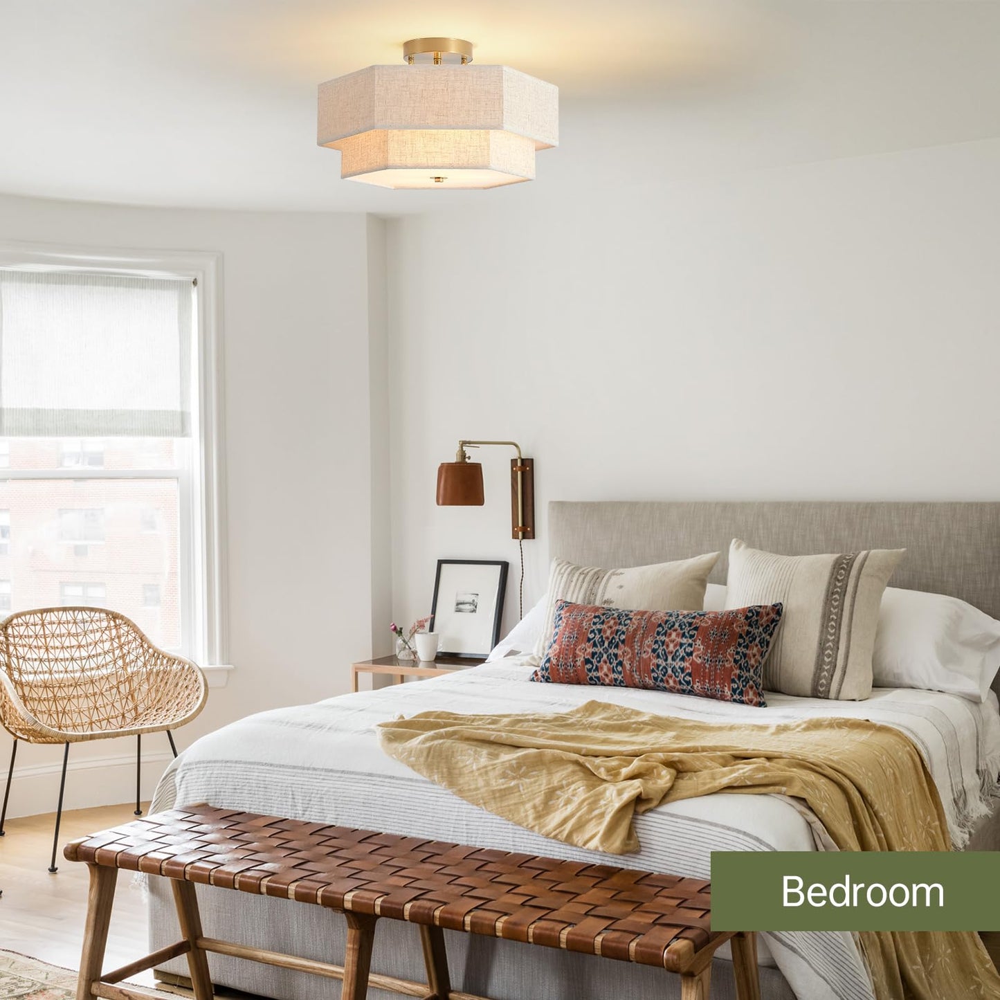 InterMaka Modern Semi Flush Mount Ceiling Light 15.7" Boho Light Fixture with Linen Shade, Double Drum 3-Light Entryway Pendant Light, Close to Ceiling Light Fixtures for Living Room Bedroom Nursery