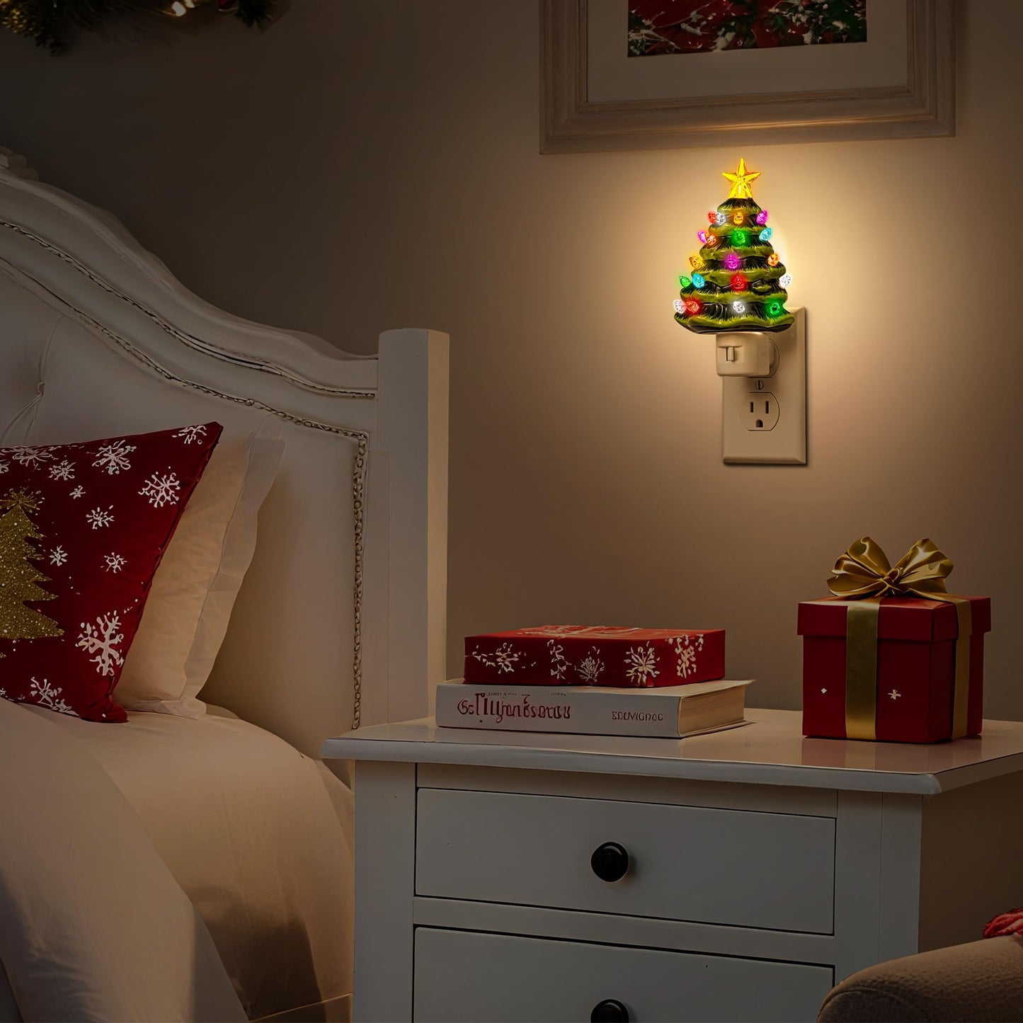 DORESshop Christmas Tree Night Light, 3000K Night Lights Plug into Wall, Cute & Funny Ceramic Christmas Decor Night Light for Kids, Plug in Nightlight with 360° Rotatable, Holiday Party Decor, 1 pack