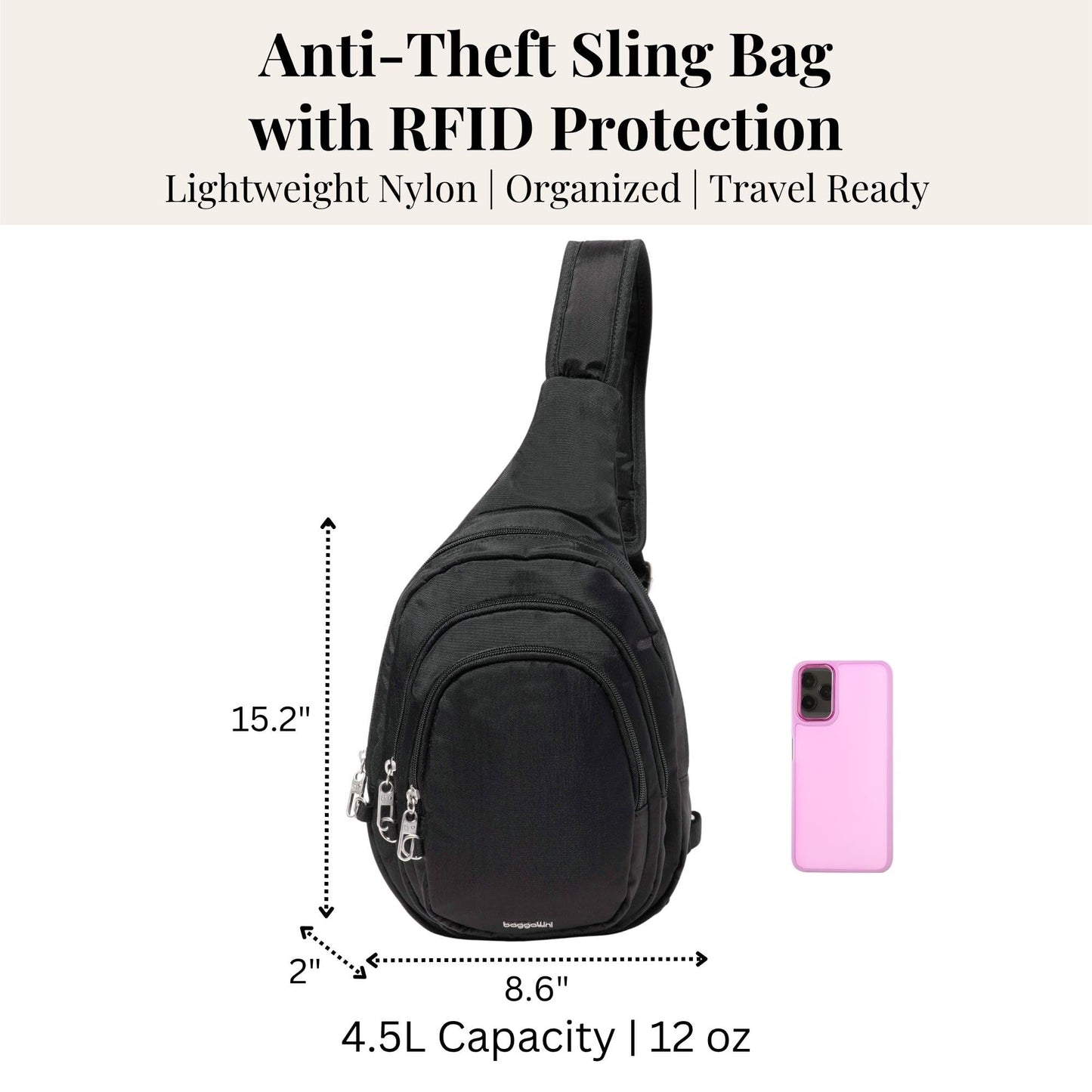 Baggallini Securtex® Anti-Theft Multi Zip Sling - Lightweight 8.6"x15.2" Travel Bag with Locking Zippers & RFID Protection