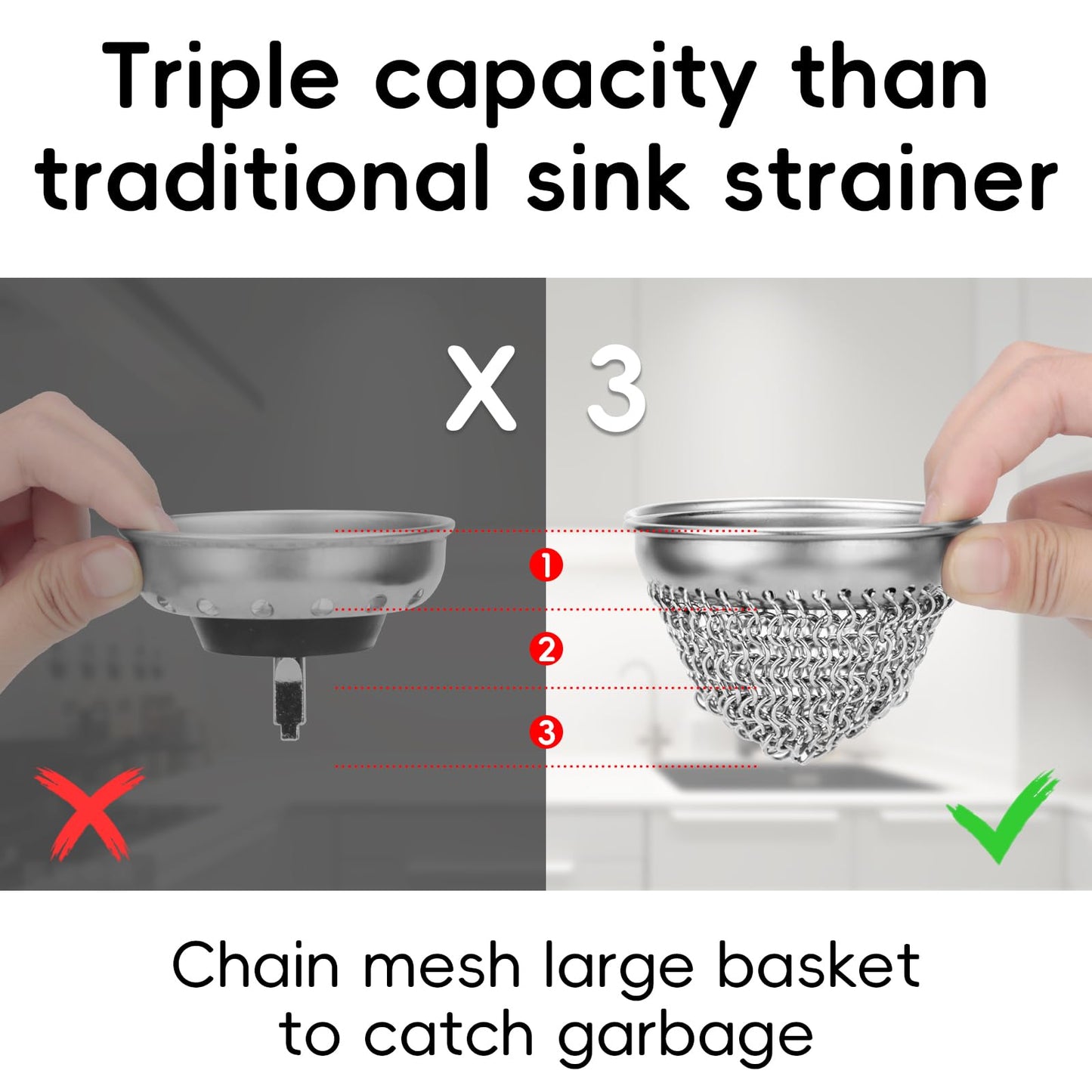 Kitchen Sink Drain Strainer, Wokdada Flexible Insert Mesh Sink Strainer, 304 Stainless Steel Sink Strainer, Clog-Free Garbage Disposal Sink Catcher Strainer, 3.19 Inch Sturdy Metal Sink Screen