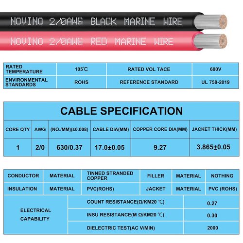 **Tinned Copper 2/0 Gauge Marine Wire - 10FT Red & 10FT Black | Heavy-Duty Boat Cable for Automotive & RV Use**